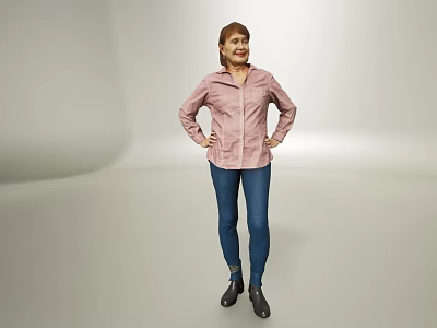 Woman In Pink Shirt And Blue Jeans Standing With Hands On Hips Against Gray Background 3d model
