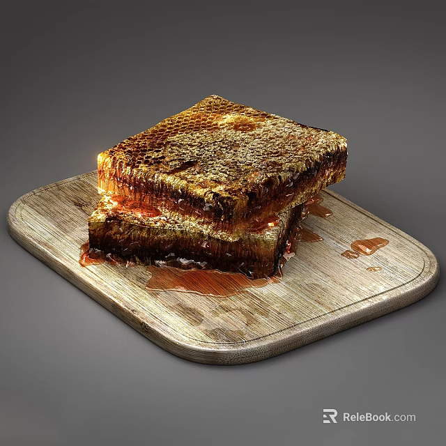 Fresh Natural Honeycomb on Wooden Cutting Board with Dripping Honey and Textured Surface 3d model 