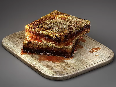 Fresh Natural Honeycomb on Wooden Cutting Board with Dripping Honey and Textured Surface 3d model