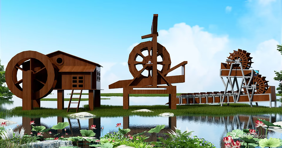 Rustic Garden Ornaments With Wooden Waterwheel Cabin Lotus Flowers And Green Plants By Water Area 3d model 