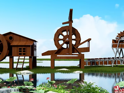 Rustic Garden Ornaments With Wooden Waterwheel Cabin Lotus Flowers And Green Plants By Water Area 3d model