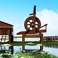 Rustic Garden Ornaments With Wooden Waterwheel Cabin Lotus Flowers And Green Plants By Water Area