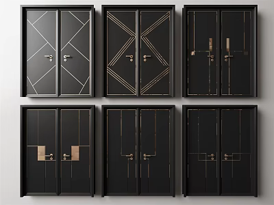 Elegant Black Double Doors With Geometric Patterns And Gold Decorative Accents 3d model