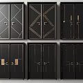 Elegant Black Double Doors With Geometric Patterns And Gold Decorative Accents 3d model