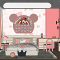Pink Kids Room Interior With Minnie Mouse Decor Bed Desk Chair Rug And Window Curtains