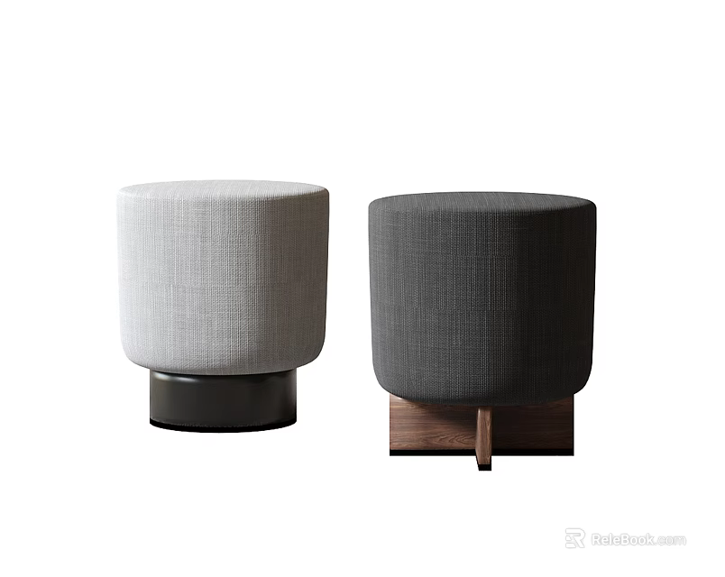 Two Upholstered Round Stools Light Gray Dark Gray Fabric Black And Wooden Bases 3d model 
