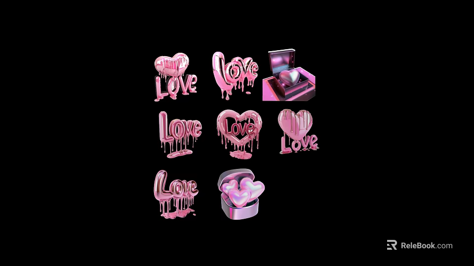 Pink Love Themed Decorative Elements Featuring Heart Shapes Gift Box And Dripping Design 3d model 