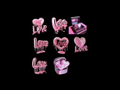 Pink Love Themed Decorative Elements Featuring Heart Shapes Gift Box And Dripping Design 3d model