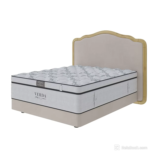 Double Bed With Patterned Mattress And Light Colored Wooden Frame Headboard 3d model