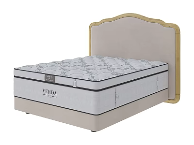 Double Bed With Patterned Mattress And Light Colored Wooden Frame Headboard 3d model