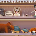 Colorful Plush Stuffed Animals Display on Multi Layer Shelves With Various Styles And Storage Baskets