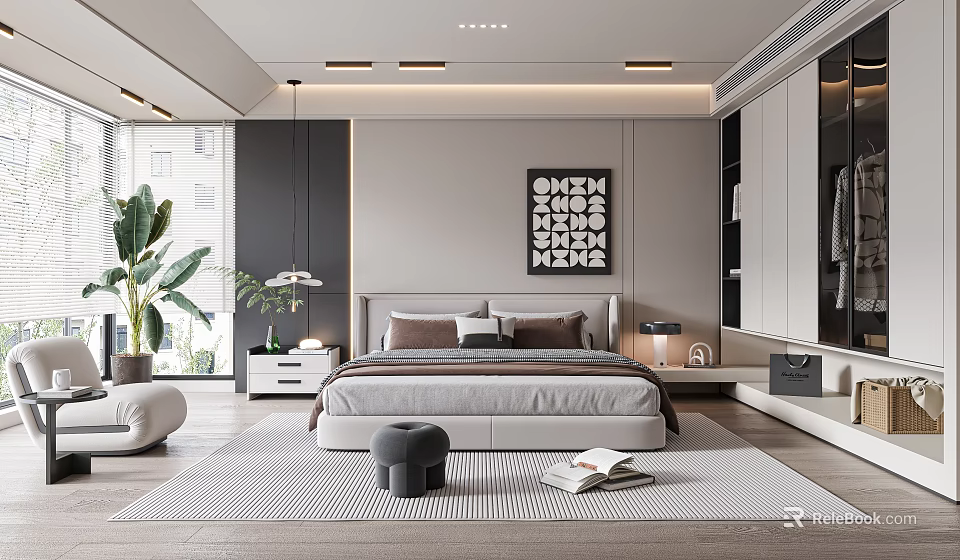 Modern Bedroom Interior Design With Bed Decorative Artwork Nightstands Green Plants And Rug 3d model 