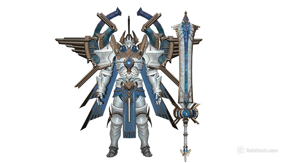 Armored Warrior Character With Angelic Wings And Large Blue Gem Sword In Metallic Armor 3d model 