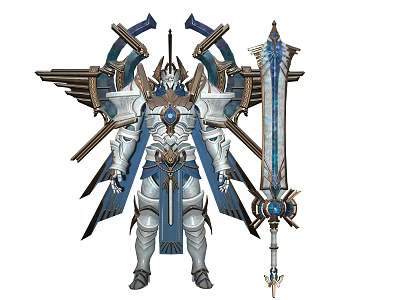 Armored Warrior Character With Angelic Wings And Large Blue Gem Sword In Metallic Armor 3d model