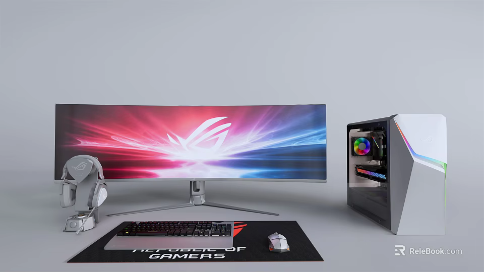 Gaming PC Setup With Curved Monitor RGB Desktop Keyboard Mouse And Headset 3d model 