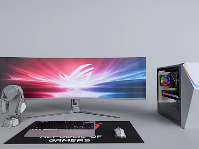 Gaming PC Setup With Curved Monitor RGB Desktop Keyboard Mouse And Headset 3d model