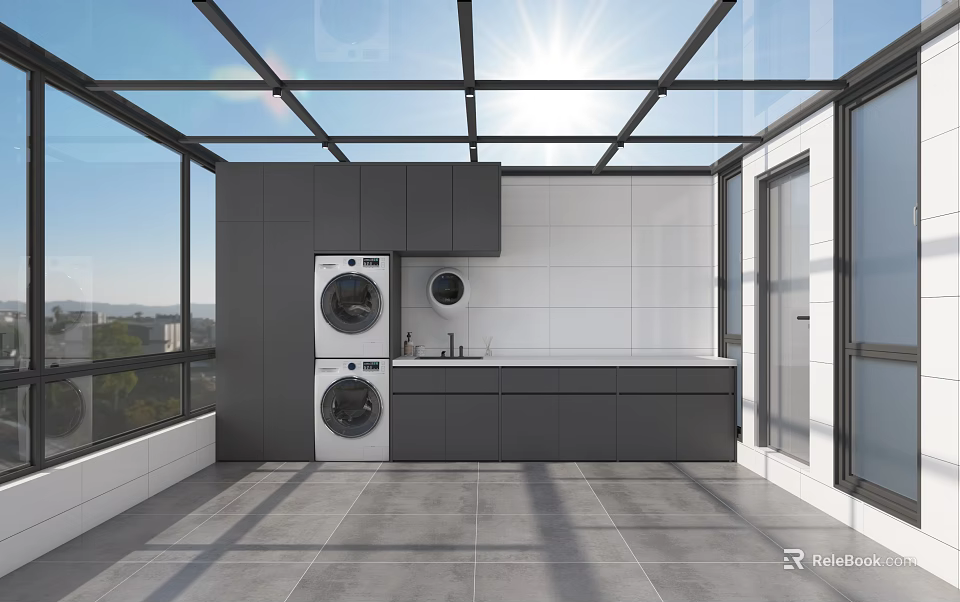 Modern Home Balcony Interior Design With Washing Machines Sink Cabinets And Glass Roof 3d model 