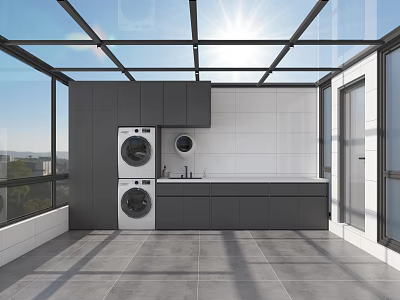 Modern Home Balcony Interior Design With Washing Machines Sink Cabinets And Glass Roof 3d model