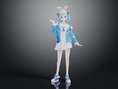 3D Game Character With Bunny Ears Light Blue Hair Denim Jacket White Dress And Blue Sneakers 3d model