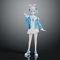 3D Game Character With Bunny Ears Light Blue Hair Denim Jacket White Dress And Blue Sneakers