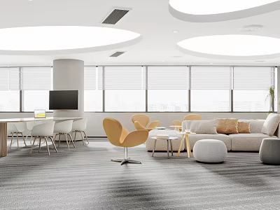 Bright Modern Casual Lounge Area With Sofa Round Coffee Table Yellow Armchair And Large Windows 3d model