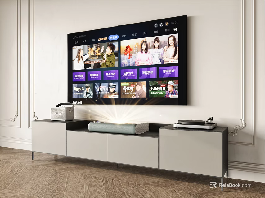 Wall Mounted TV Displaying Streaming Shows On Screen In Modern Living Room Media Console 3d model 