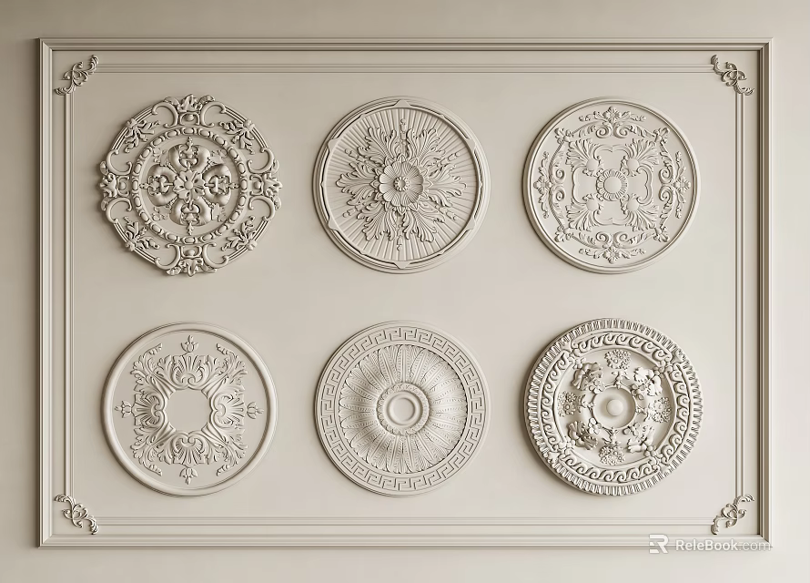 Various Decorative Ceiling Medallions Featuring Carved Patterns On Light Colored Panel 3d model