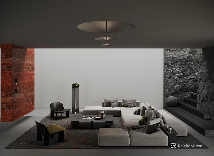 Modern Living Room Sofa Coffee Table Set With L shaped Sofa And Stone Accent Wall 3d model 