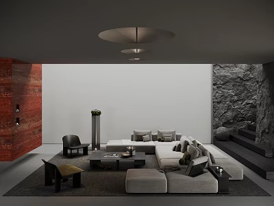 Modern Living Room Sofa Coffee Table Set With L shaped Sofa And Stone Accent Wall 3d model
