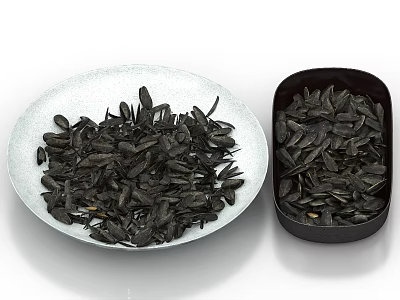 Delicious Roasted Sunflower Seeds With White Plate And Black Container 3d model