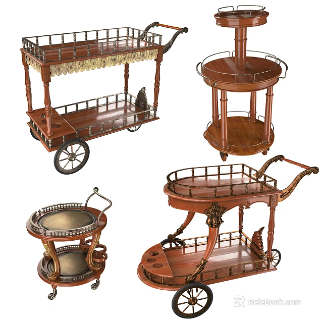 Vintage Wooden Serving Carts With Wheels And Decorative Storage Shelves 3d model 