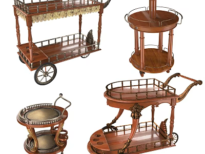 Vintage Wooden Serving Carts With Wheels And Decorative Storage Shelves 3d model