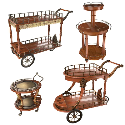 Vintage Wooden Serving Carts With Wheels And Decorative Storage Shelves 3d model