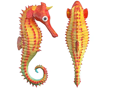Colorful Seahorses With Spiral Tails Red Yellow Green Patterns Side Back Views 3d model