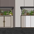 Stylish Aquariums on White Cabinets with Gold Accents and Striped Walls in Modern Decor