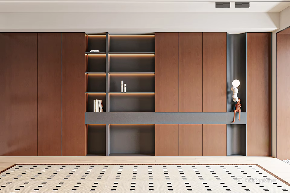 Modern Bookcase Interior With Brown Cabinets Open Shelves And Gray Accent 3d model 