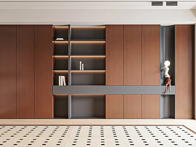 Modern Bookcase Interior With Brown Cabinets Open Shelves And Gray Accent 3d model