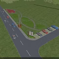 Municipal Road Layout With Curved Path Green Grassland Parking Lot And Vehicles