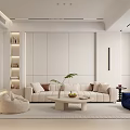 Modern Minimalist Cream Tone Living And Dining Room With Cozy Seats And Large Display Wall