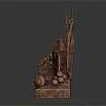 Ancient Bronze Weapon Sculpture Featuring Shield Spear Axe And Helmet On Base 3d model