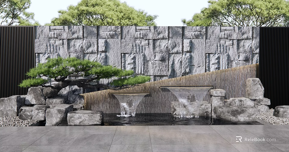 Stone Carved Feature Wall With Flowing Water Fountains And Pine Tree Accents 3d model 