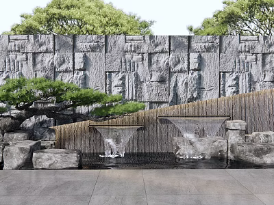 Stone Carved Feature Wall With Flowing Water Fountains And Pine Tree Accents 3d model