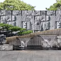 Stone Carved Feature Wall With Flowing Water Fountains And Pine Tree Accents