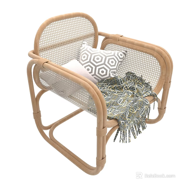 Natural Rattan Leisure Chair With Wooden Frame Decorative Pillows And Cozy Throw Blanket 3d model 