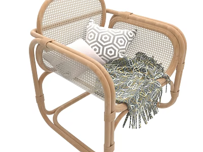 Natural Rattan Leisure Chair With Wooden Frame Decorative Pillows And Cozy Throw Blanket 3d model