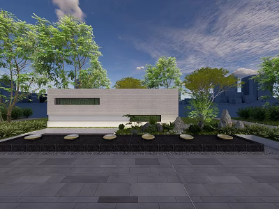 Modern Garden Feature Wall With Circular Ornaments Green Trees And Stone Pavement 3d model