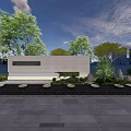 Modern Garden Feature Wall With Circular Ornaments Green Trees And Stone Pavement