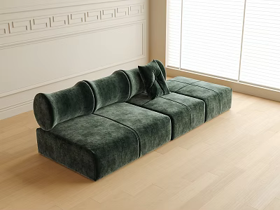 Modern Dark Green Velvet Multi-seater Sofa In Living Room With Light Wood Floor And Window 3d model