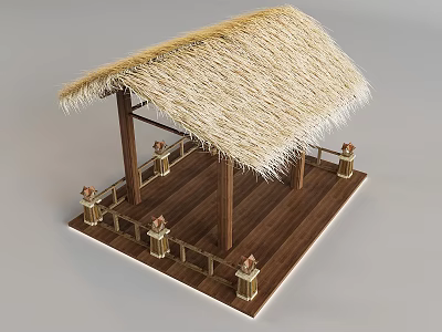 Traditional Landscape Pavilion With Thatched Roof Wooden Structure And Decorative Railing 3d model
