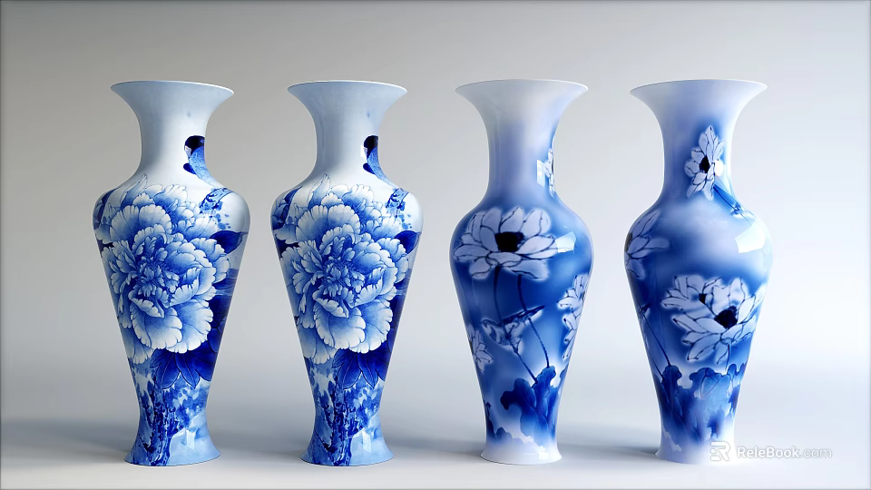 Blue and White Ceramic Vases with Traditional Peony Flowers and Bird Patterns for Home Decoration 3d model 